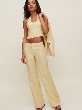 Reformation Vida low rise straight leg linen Pants in Pale Yellow